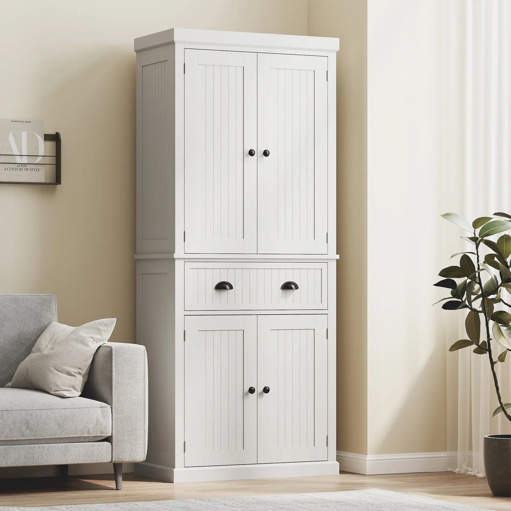 HOMCOM Dulap de bucătărie bufet multi-depozitare rafturi reglabile 4 uși sertar mare 76,2 x 40,2 x 183 cm alb | Aosom Romania