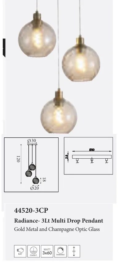 Lustra cu 3 pendule metal auriu, sticla champanie Radiance