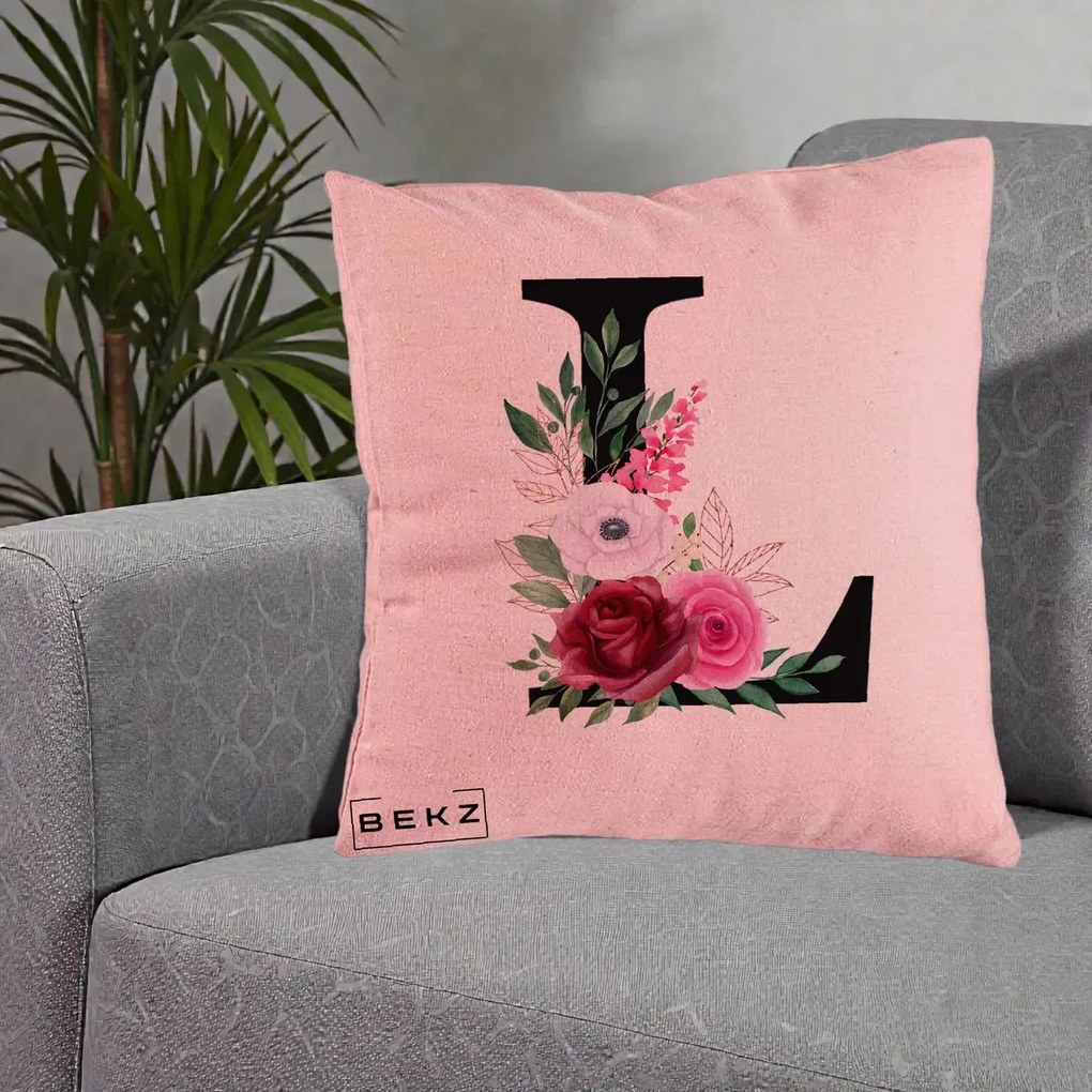 Cadou Personalizat - Perna Personalizata Monograma Florala Litera L, 40x40 cm, Roz, Husa Detasabila, Perna Inclusa, BEKZ®