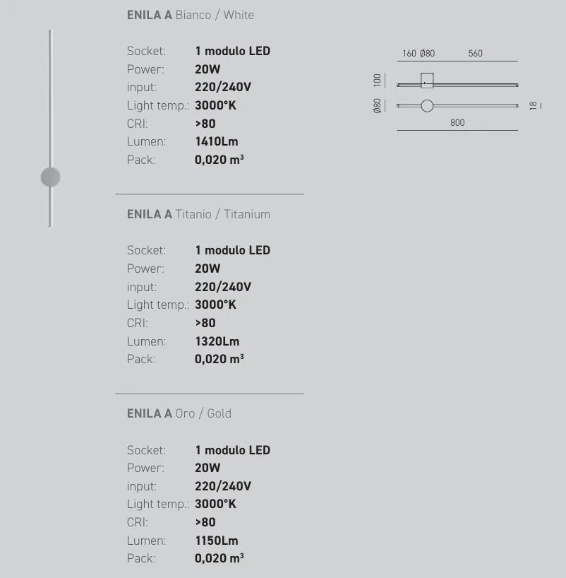 Aplica de perete LED design liniar ENILA alb, auriu sau titan
