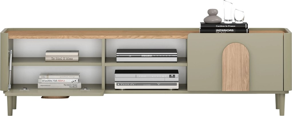 Comodă TV Amilio 170 cm cu sertar pe picioare - eucalipt / stejar baltic dune / mânere stejar natural