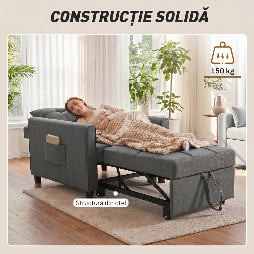 HOMCOM Fotoliu Pat Single 3 în 1 din Material Textil Tip In și Lemn cu Spătar Reclinabil, Pernă, Buzunare, Gri | Aosom Romania