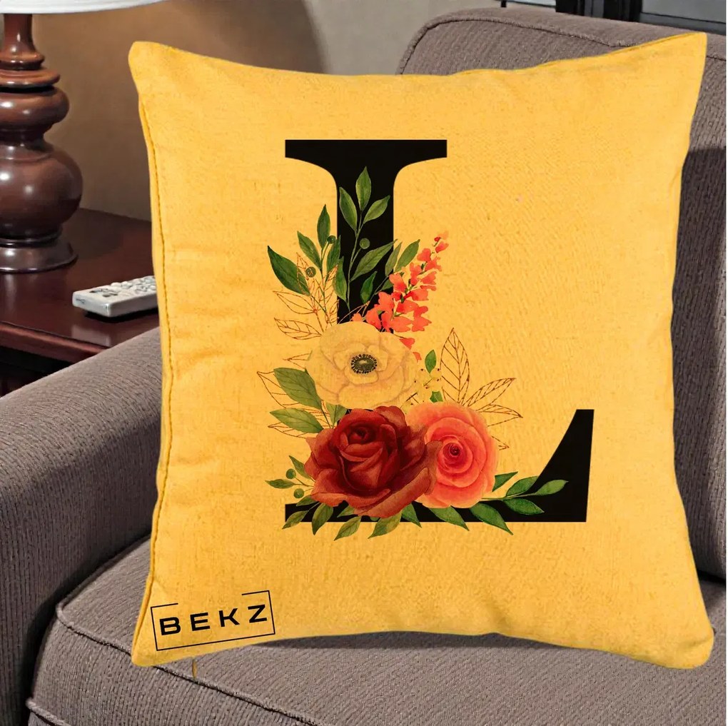 Cadou Personalizat - Perna Personalizata Monograma Florala Litera L, 40x40 cm, Galben, Husa Detasabila, Perna Inclusa, BEKZ®