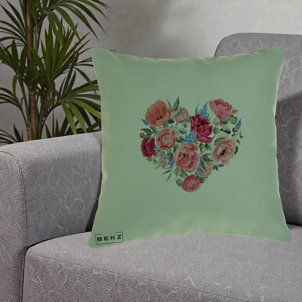 Perna Decorativa Inima din Bujori Acuarela, 40x40 cm, Verde, Husa Detasabila, Perna Inclusa, BEKZ®