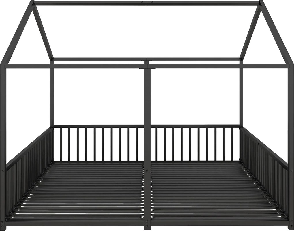 Pat dublu pentru copii 90x200 cm, formă de casă, cu barieră de siguranță, fără saltea, Negru