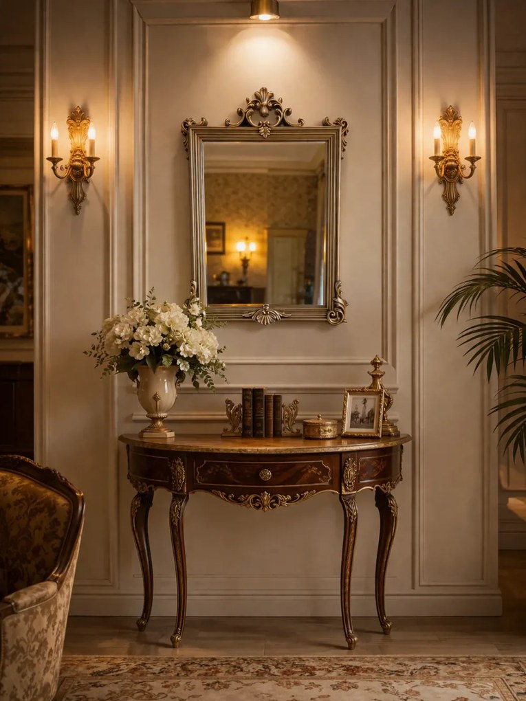 Oglindă decorativă de perete, ramă aurie antichizată, 60x90 cm