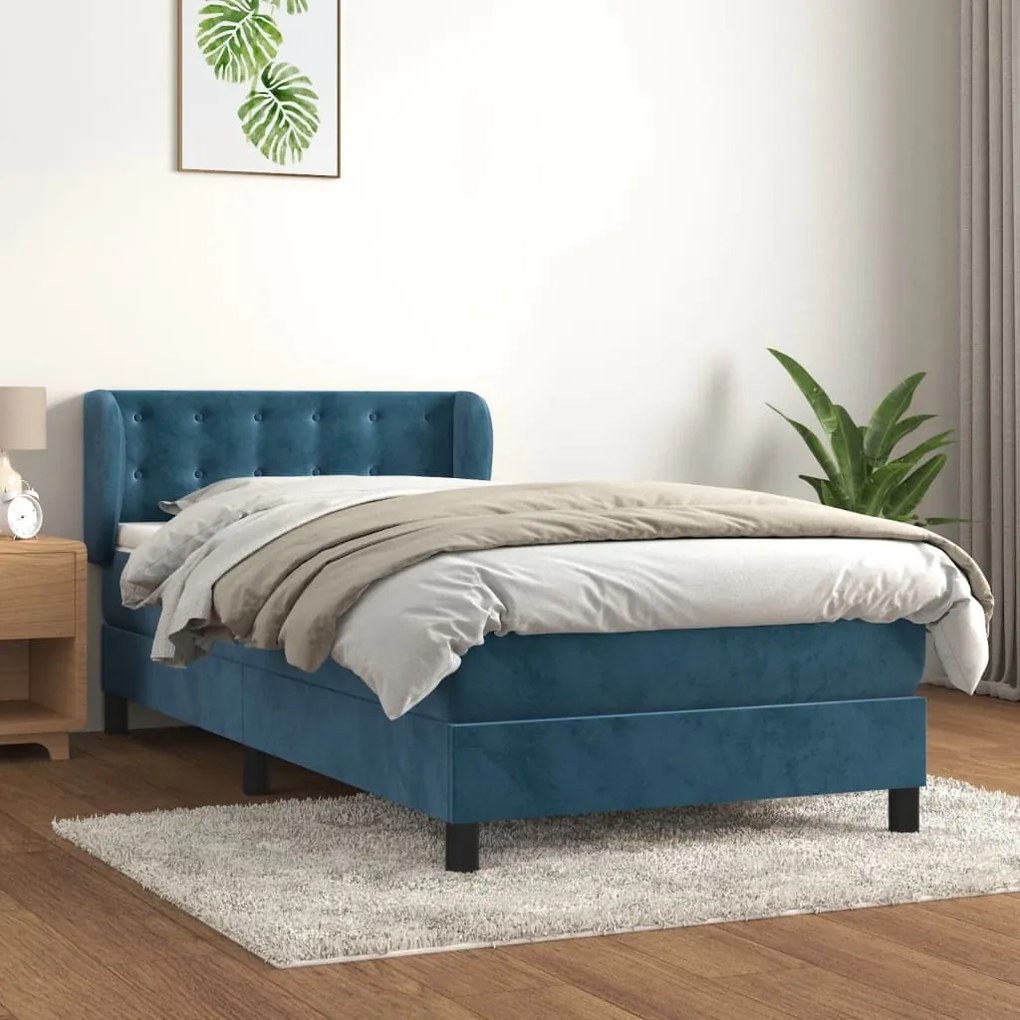 3127713 vidaXL Pat box spring cu saltea, albastru închis, 90x200 cm, catifea