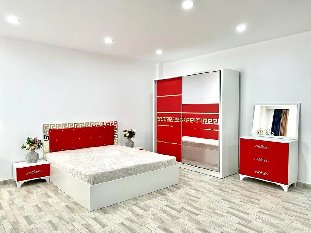 Dormitor Palermo, culoare alb / rosu, cu pat tapitat 160 x 200 cm, dulap cu 2 usi, comoda cu oglinda, 2 noptiere