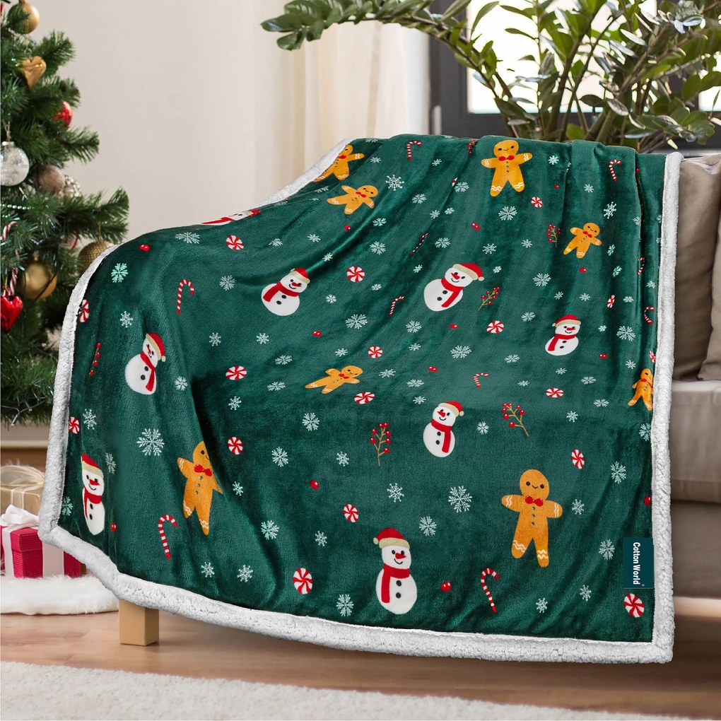 Patura miel din microplus de Craciun SNOWMAN AND GINGERBREAD, verde inchis Dimensiune: 200 x 220 cm