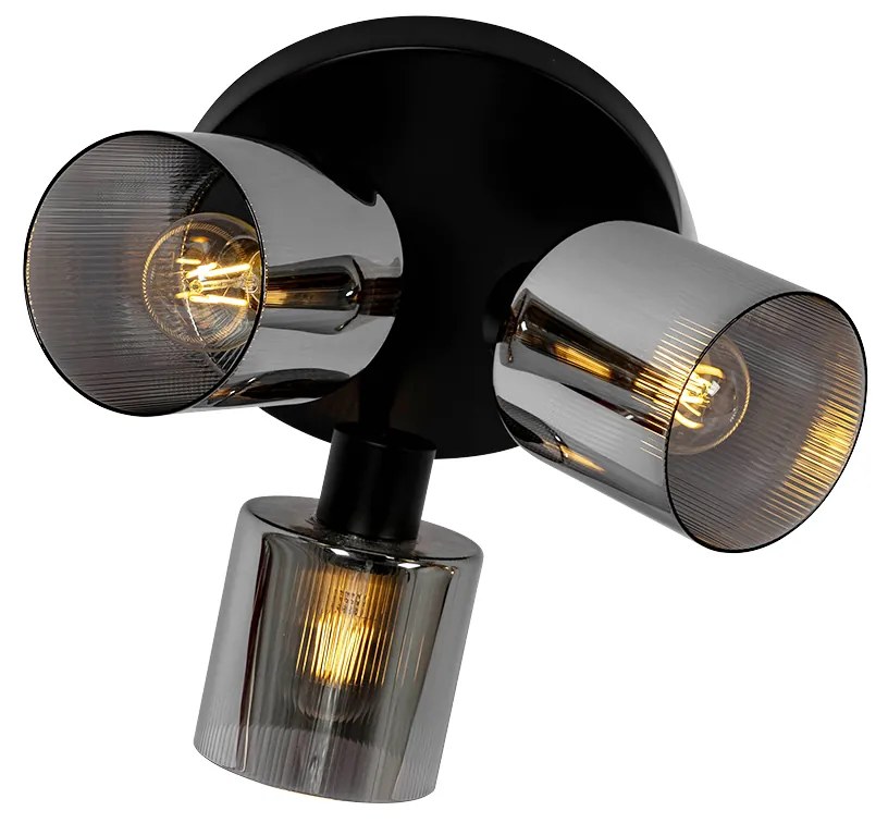 Spot de tavan negru cu sticlă fumurie rotund cu 3 lumini reglabile - Laura