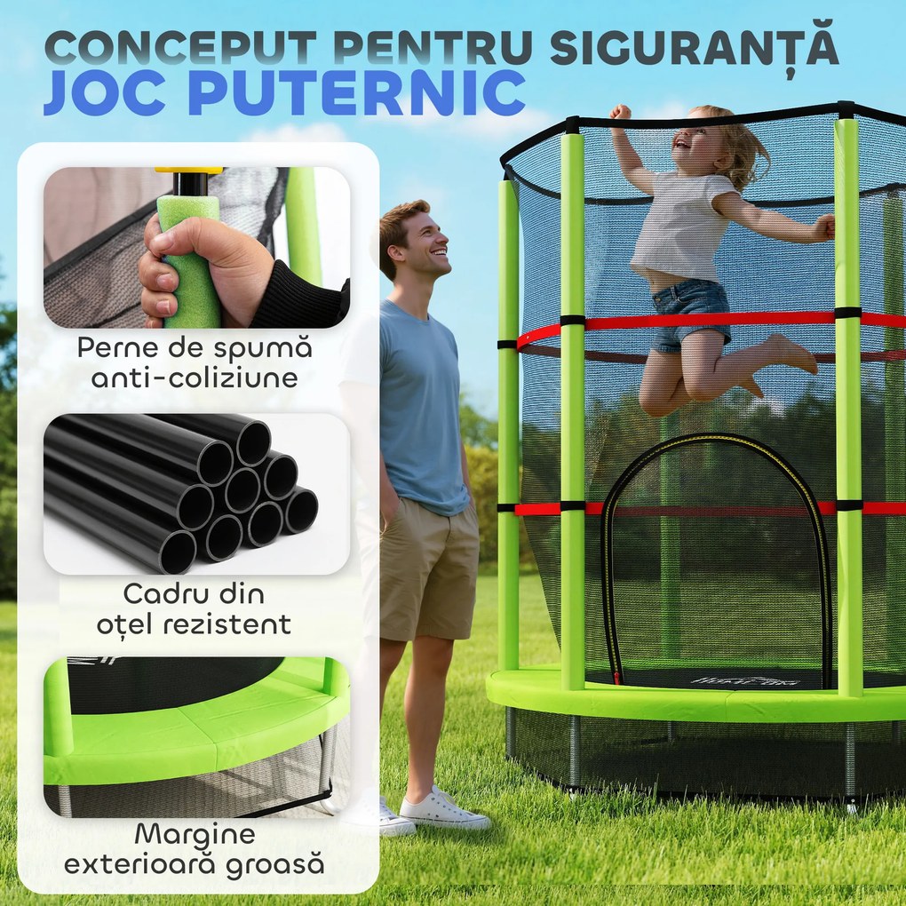 HOMCOM Saltea Elastică pentru Copii 3-6 Ani cu Plasă de Protecție, 6 Stâlpi și 3 Intrări, Ø140x190 cm, Verde | Aosom Romania