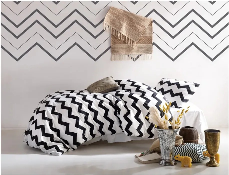 Lenjerie de pat și cearșaf Small ZigZag, 140 x 200 cm, alb-negru