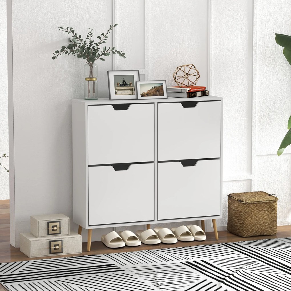 HOMCOM, Dulap pantofi, 4 clapete, 16 perechi, cu raft reglabil, picioare din lemn de pin, 95 x 26 x 95 cm, alb | Aosom Romania