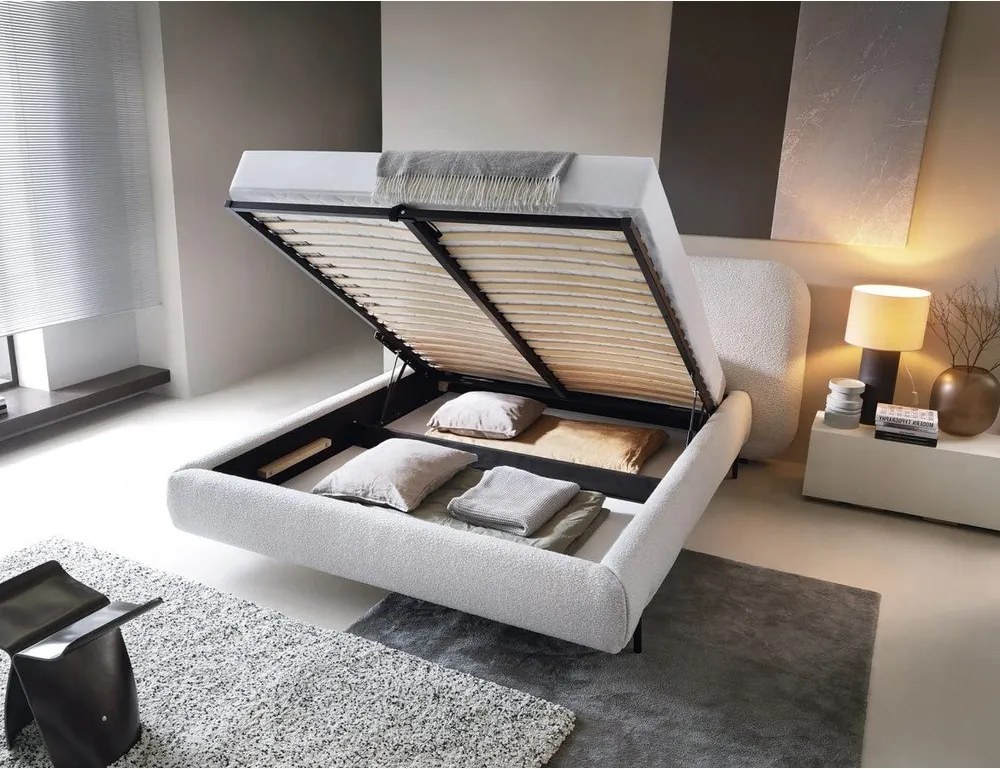 Pat matrimonial bej tapițat cu spațiu de depozitare cu somieră 140x200 cm Pointt – ELTAP