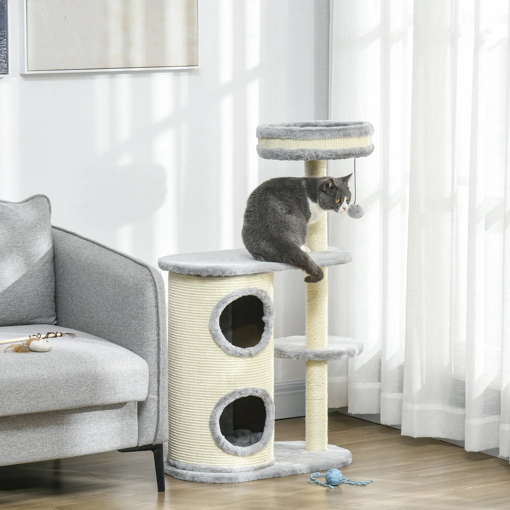 PawHut Copac de Zgariat pentru Pisici, Stalpi din Sfoara de Sisal, Plus Moale, Design Multifunctional, Jucarie cu Minge, Gri, 59x35x100 cm | Aosom Romania