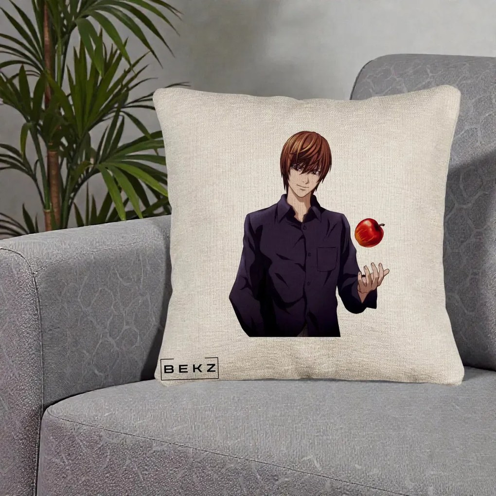 Perna Personalizata Death Note Light Yagami cu Mar, 40x40 cm, Bej Canapea, Husa Detasabila, Perna Inclusa, BEKZ®
