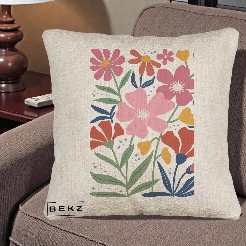Perna Decorativa Flori Grafice Roz si Terracotta, 40x40 cm, Bej Canapea, Husa Detasabila, Perna Inclusa, BEKZ®