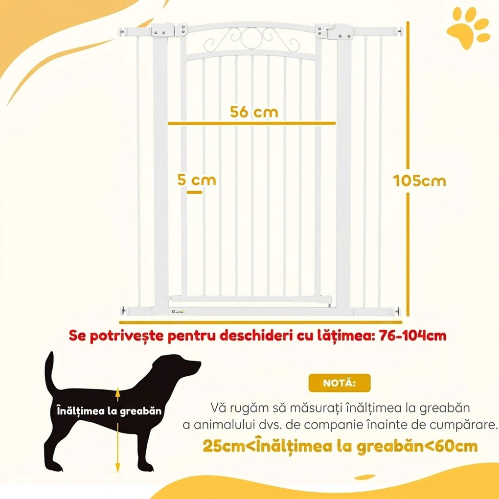 PawHut Poartă de siguranță pentru câini de interior, cu 2 extensii, 76-104 cm, pentru hol și scări, albă | Aosom Romania