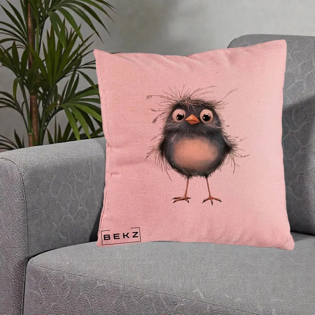 Perna Decorativa Pui Negru Zbarlit cu Pene Fine, 40x40 cm, Roz, Husa Detasabila, Perna Inclusa, BEKZ®