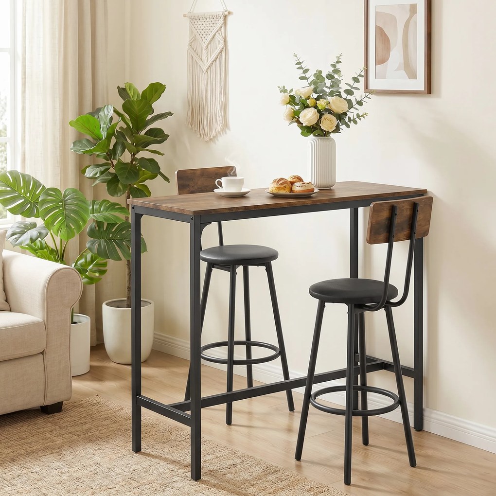 HOMCOM Set Masă de Bar cu 2 Scaune Înalte, Spătar, Suport pentru Picioare, MDF, Metal, 100x40x90,5 cm, Maro Rustic | Aosom Romania