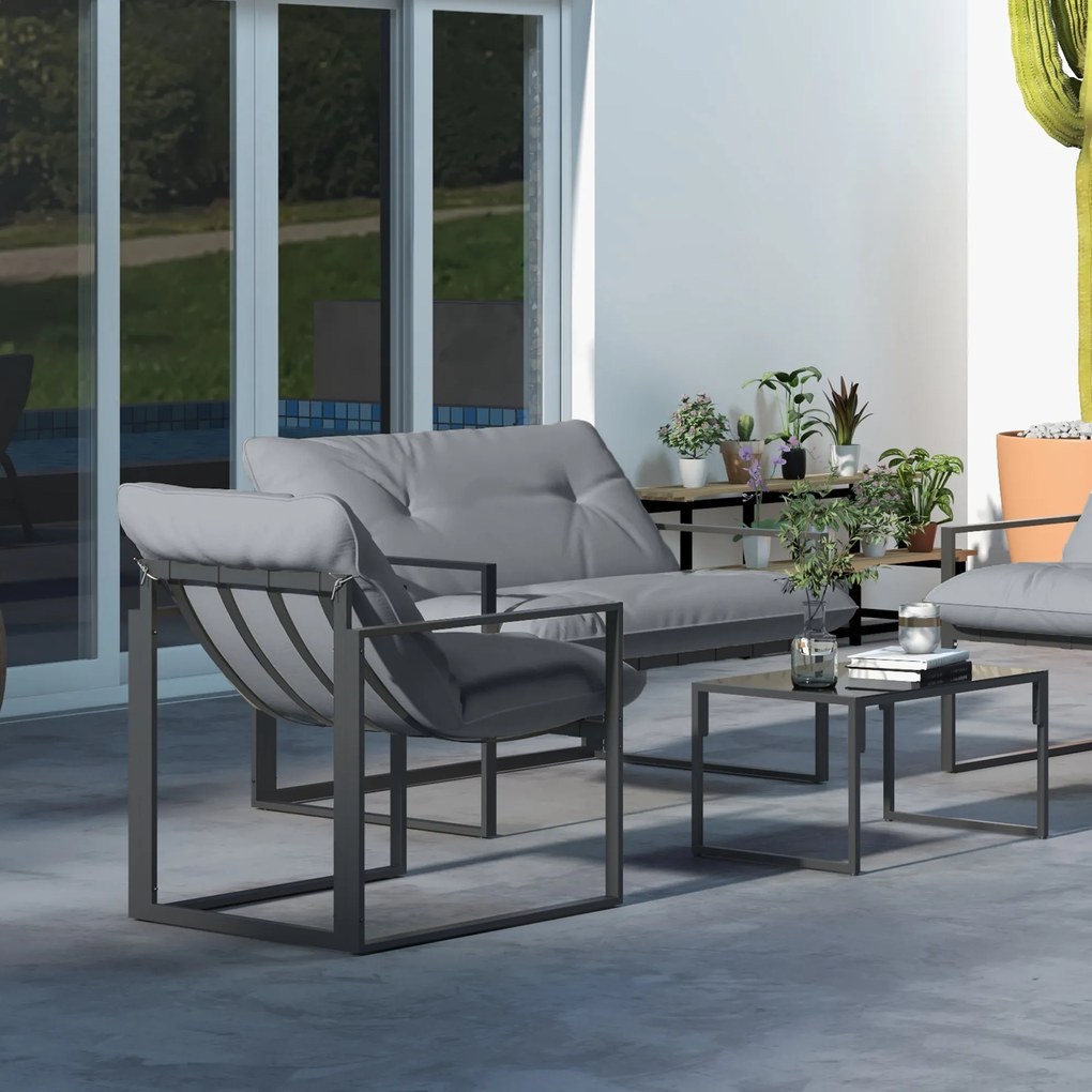 Outsunny Set Mobilier de Exterior cu Măsuță din Sticlă, Canapea, 2 Fotolii și Perne, Gri | Aosom Romania