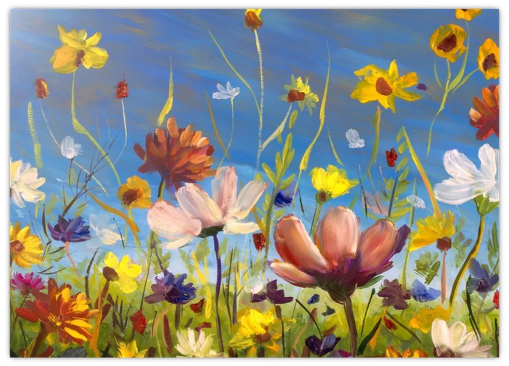 Tablou pe sticlă cu luncă înflorită (70x50 cm)