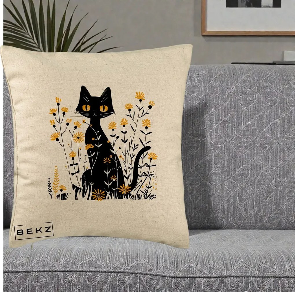 Perna Decorativa Pisica Neagra Ochi Galbeni Flori Galbene, 40x40 cm, Bej, Husa Detasabila, Perna Inclusa, BEKZ®