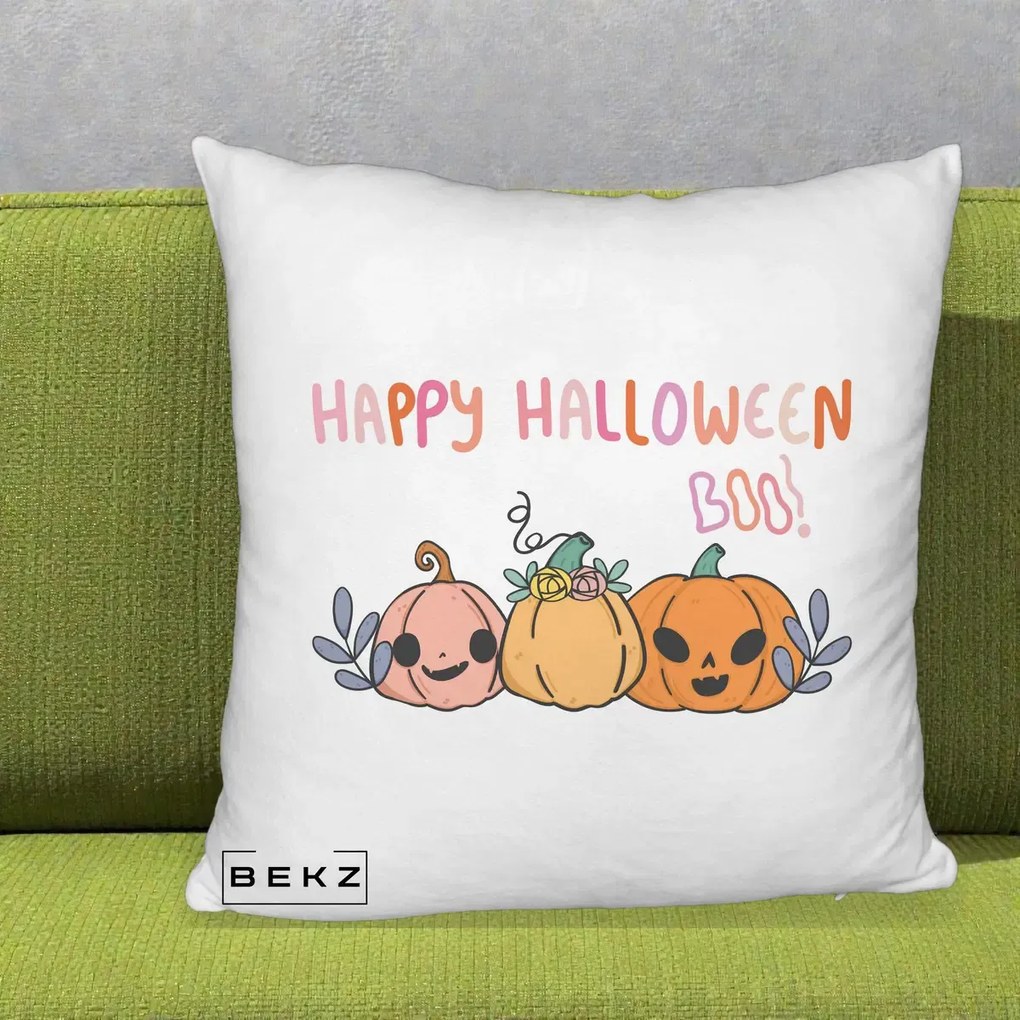 Perna Decorativa Happy Halloween Boo Trei Dovlecei Kawaii, 40x40 cm, Alb Pufos, Husa Detasabila, Perna Inclusa, BEKZ®