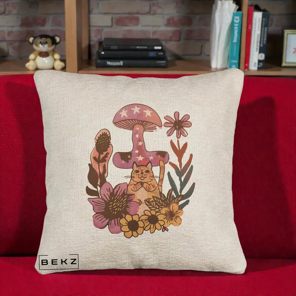 Perna Decorativa Ciuperca Pisica Boho, 40x40 cm, Bej Canapea, Husa Detasabila, Perna Inclusa, BEKZ®