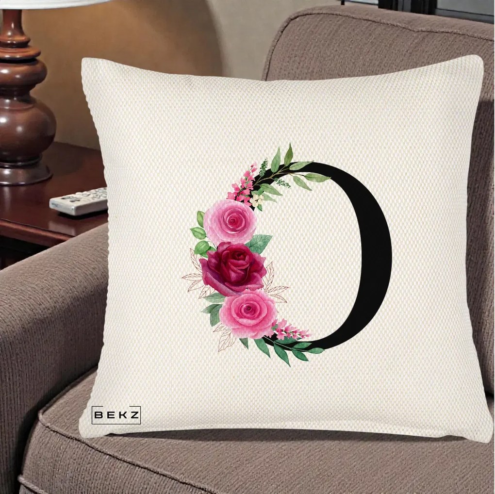 Cadou Personalizat - Perna Personalizata Monograma Florala Litera O, 40x40 cm, Crem Reliefat, Husa Detasabila, Perna Inclusa, BEKZ®