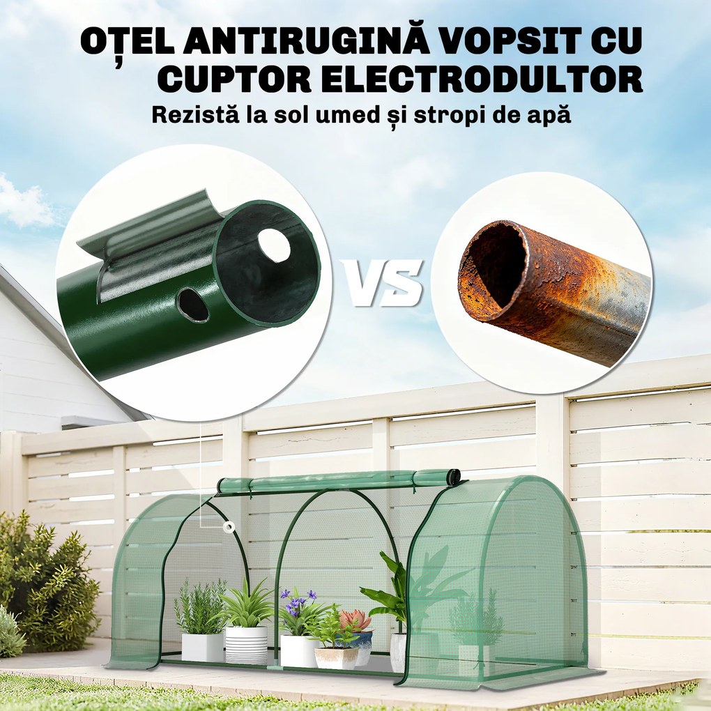 Sera Tunel Outsunny din Otel si cu Capac din PVC, 200x100x80 cm, Transparent si Verde | Aosom Romania