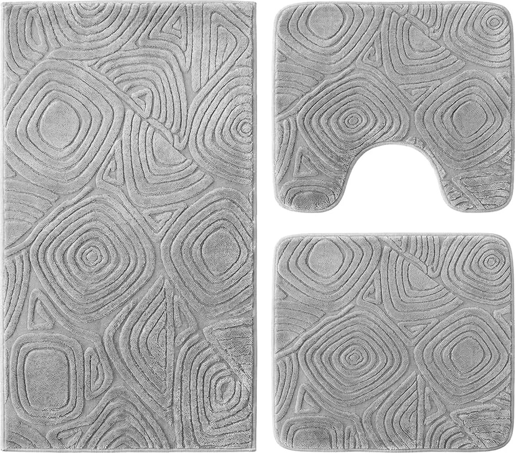 Set covoare baie antiderapante, 3 piese, gri, textura soft triunghi