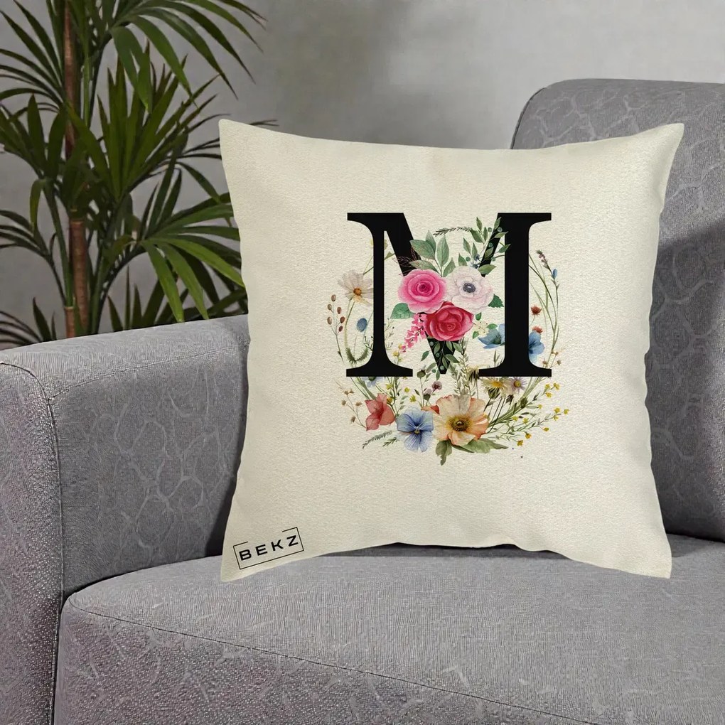 Cadou Personalizat - Perna Personalizata Monogram Litera M cu Flori Acuarela, 40x40 cm, Ecru, Husa Detasabila, Perna Inclusa, BEKZ®