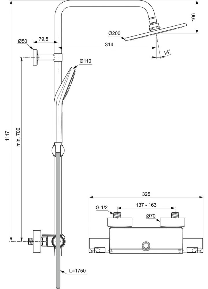 Coloana de dus cu baterie termostatata si etajera Ideal Standard Ceratherm T50 crom lucios