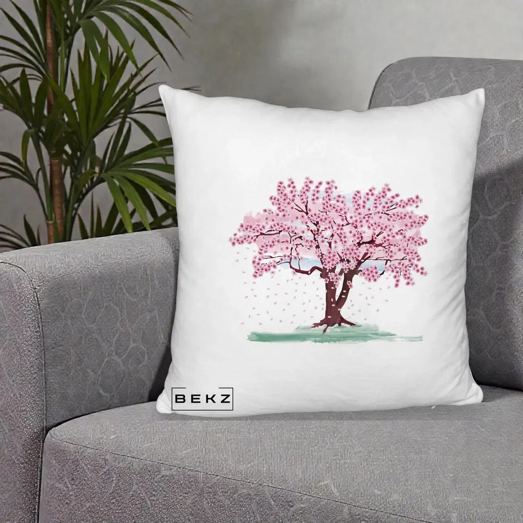 Perna Decorativa Cires Inflorit Acuarela, 40x40 cm, Alb Pufos, Husa Detasabila, Perna Inclusa, BEKZ®