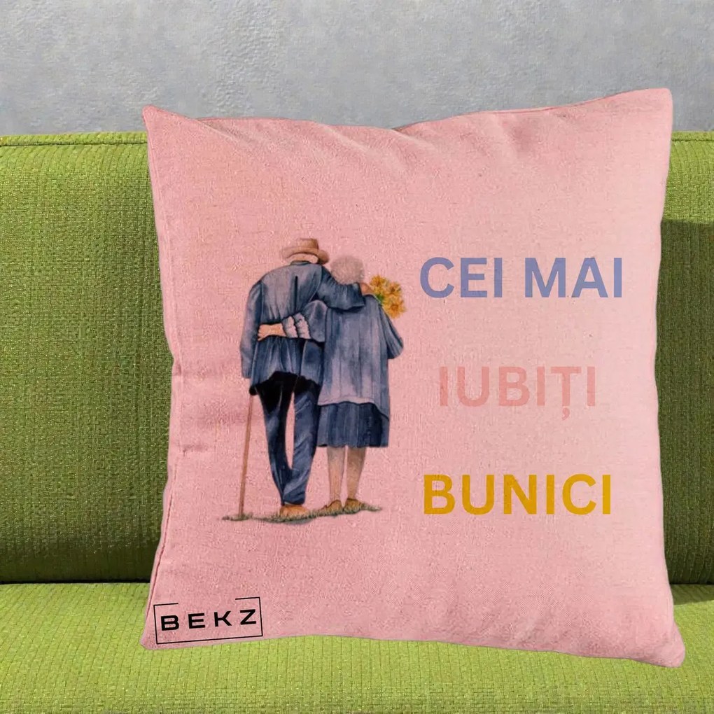Cadou pentru Bunici - Perna Personalizata Cei Mai Iubiti Bunici Acuarela Spate, 40x40 cm, Roz, Husa Detasabila, Perna Inclusa, BEKZ®