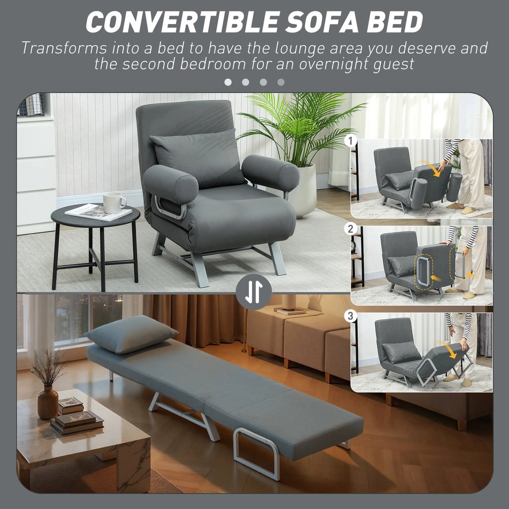 HOMCOM Fotoliu Pat 3 în 1 cu Spătar Reclinabil pe 5 Nivele, din Țesătură Efect de In, 73x78x81 cm, Gri Închis | Aosom Romania