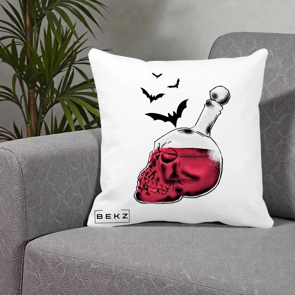 Perna Decorativa Halloween Craniu-Sticla cu Lilieci, 40x40 cm, Alba Mata, Husa Detasabila, Perna Inclusa, BEKZ®