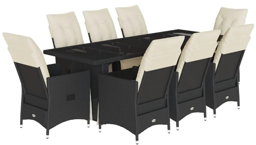 3277257 vidaXL Set bistro de grădină, 9 piese, cu perne, negru, poliratan