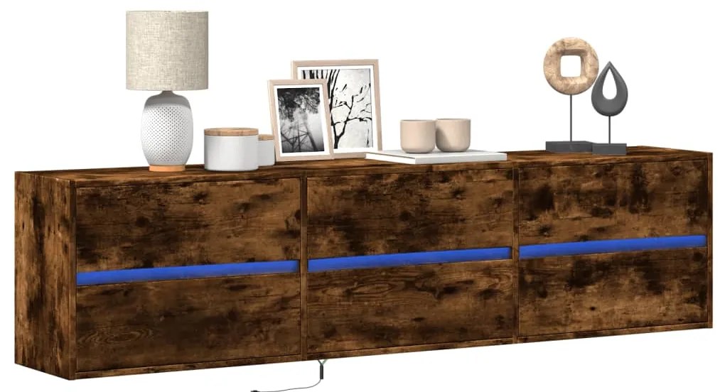 vidaXL Dulap TV de perete cu lumini LED, stejar fumuriu, 180x31x45 cm