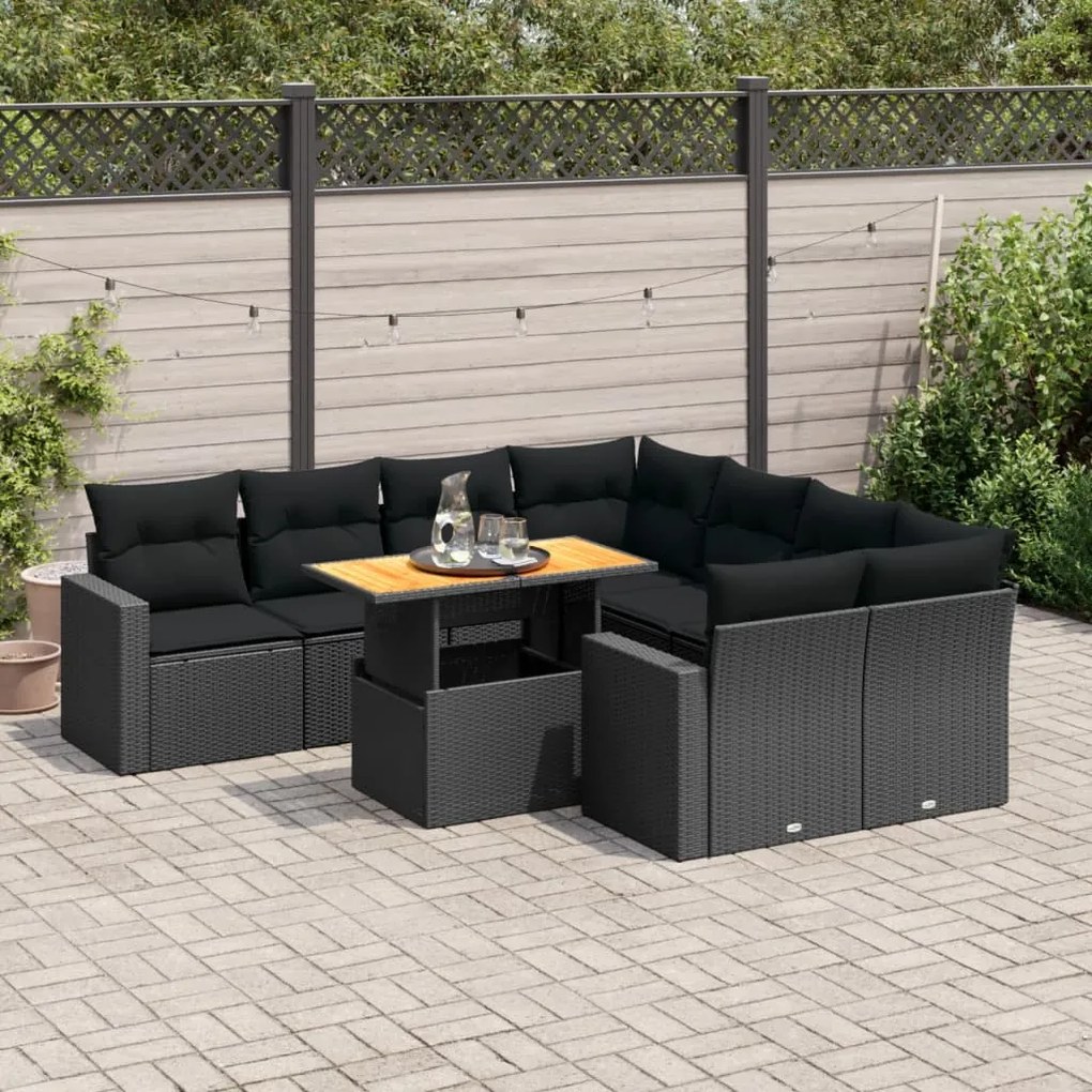 3327016 vidaXL Set mobilier de grădină cu perne, 9 piese, negru, poliratan