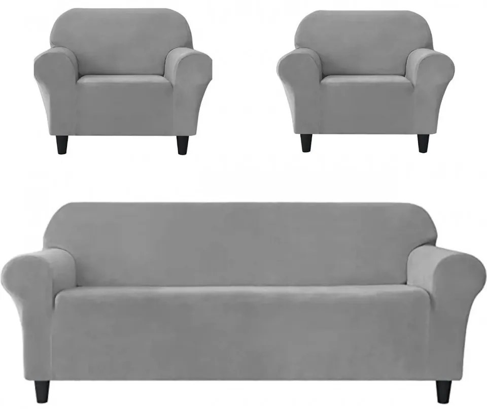 Set huse elastice din catifea pentru canapea 3 locuri + 2 fotolii, cu brate, gri deschis, HCCJS-09