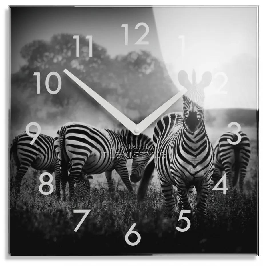 Ceas decorativ din sticlă alb-negru cu zebre, 30 cm