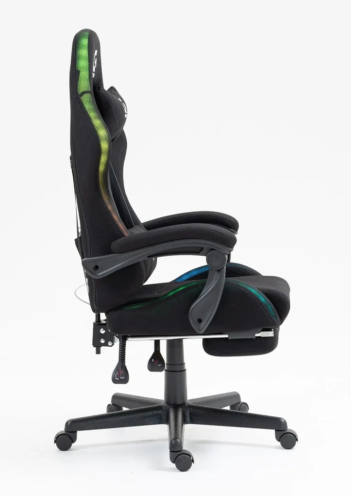 RESIGILAT- Scaun gaming cu masaj în perna lombară, sistem iluminare bandă LED RGB, suport picioare, material textil, Negru