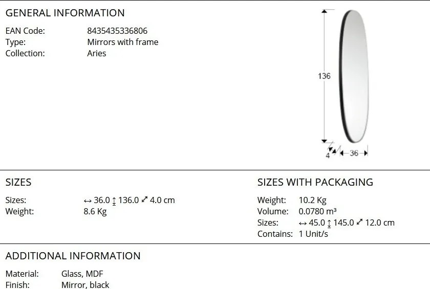 Oglinda decorativa ovala 136x36cm, Aries black