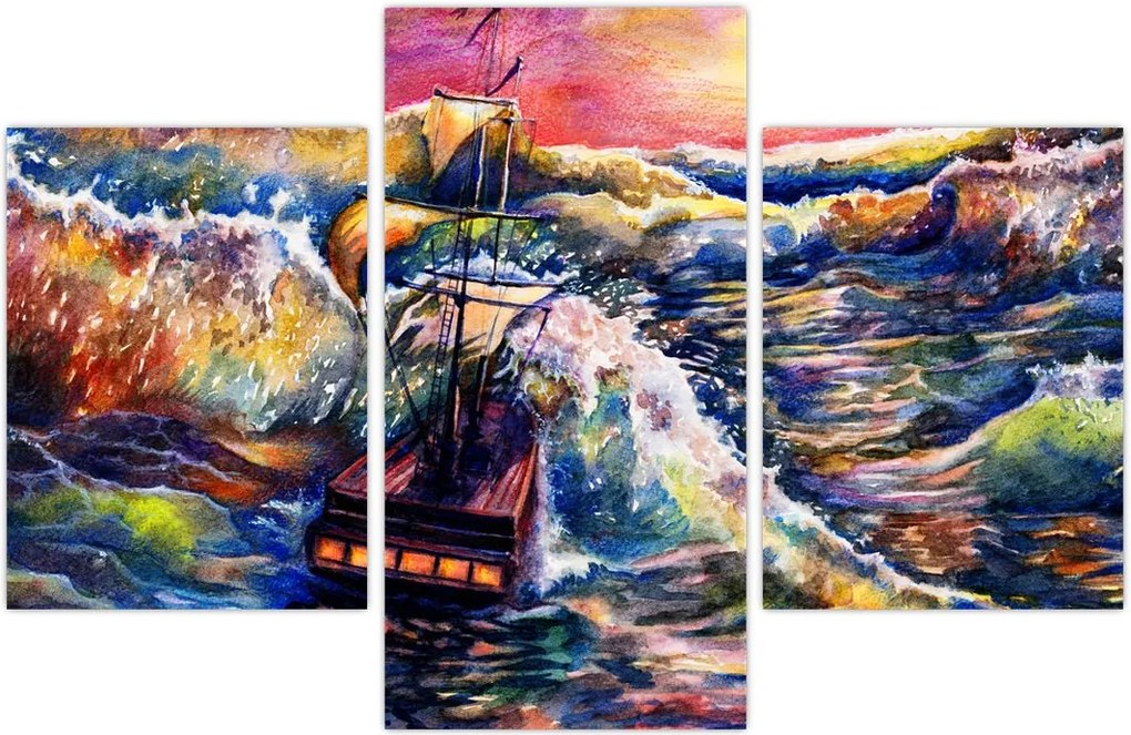 Tablou - Navă pe valurile oceanului, aquarelă (90x60 cm)