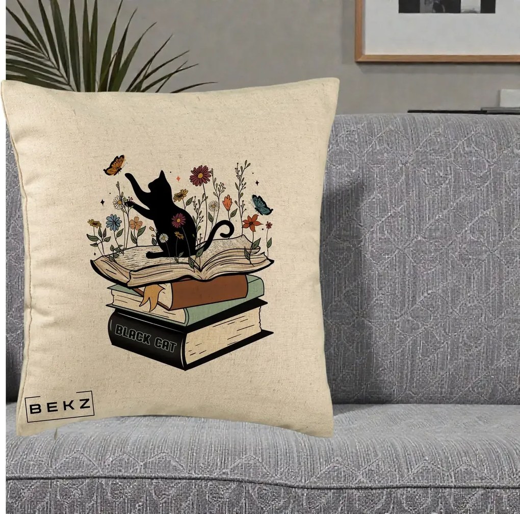 Perna Personalizata Pisica Neagra Carti Flori Fluturi, 40x40 cm, Bej, Husa Detasabila, Perna Inclusa, BEKZ®
