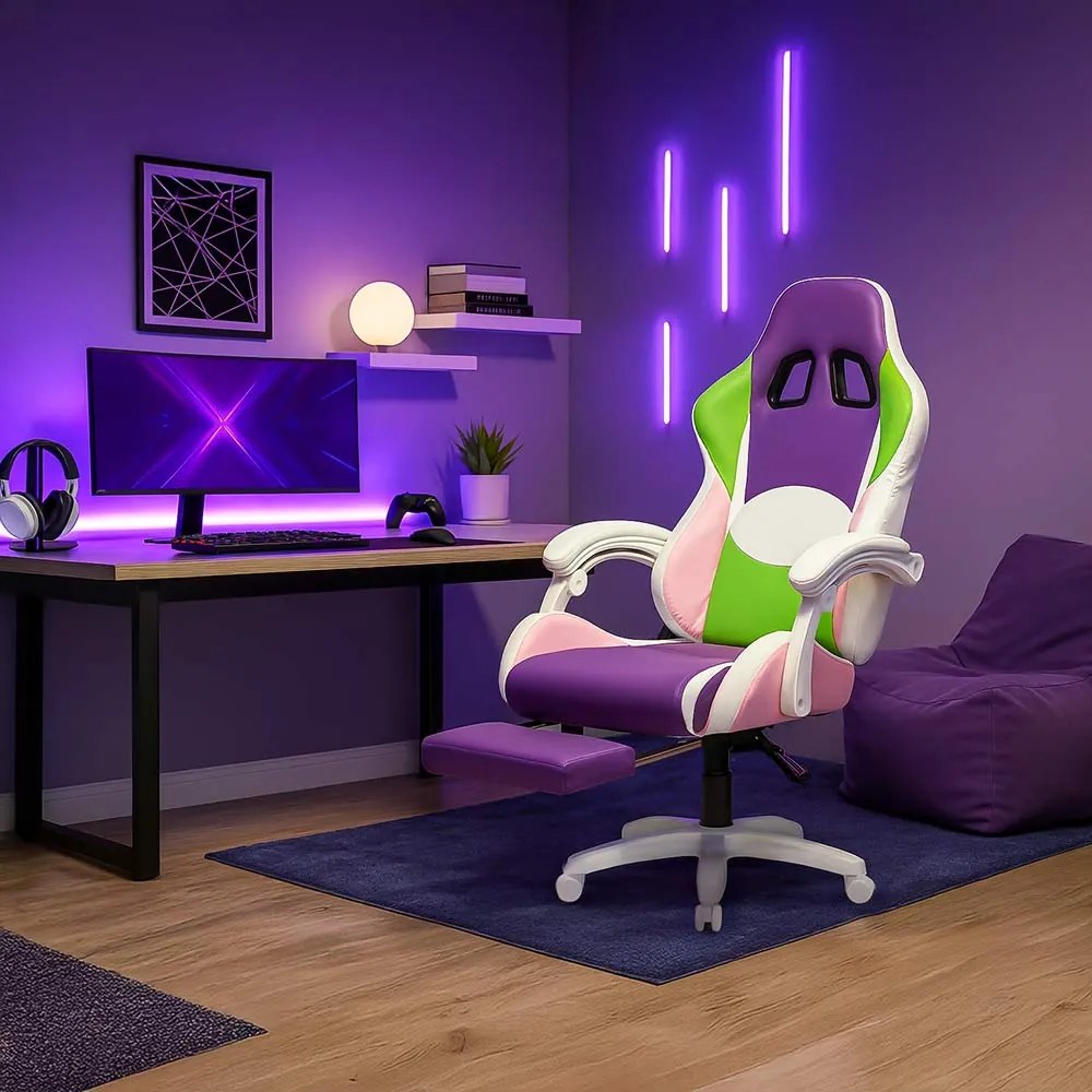 Scaun gaming pentru copii roz/mov din piele sintetică cu lumini RGB OFF 298