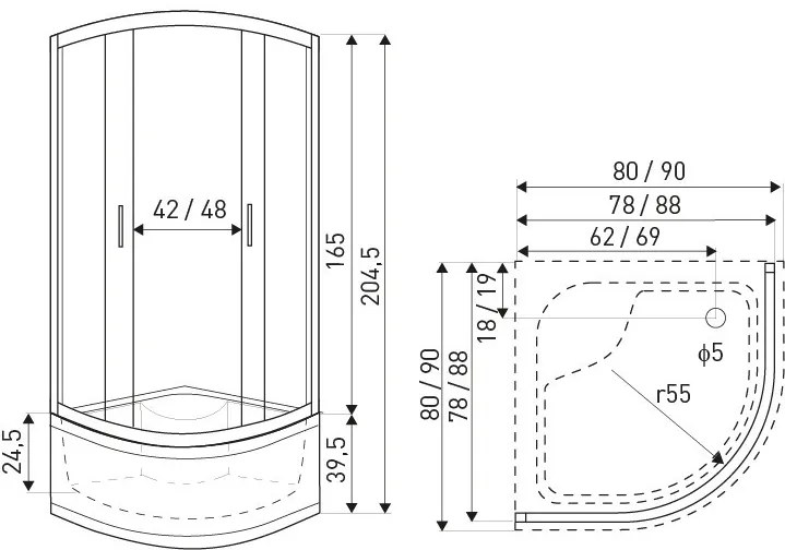 Cabină de duș cu tavă adâncă Malibu GL 80 curbată cu spate curbat