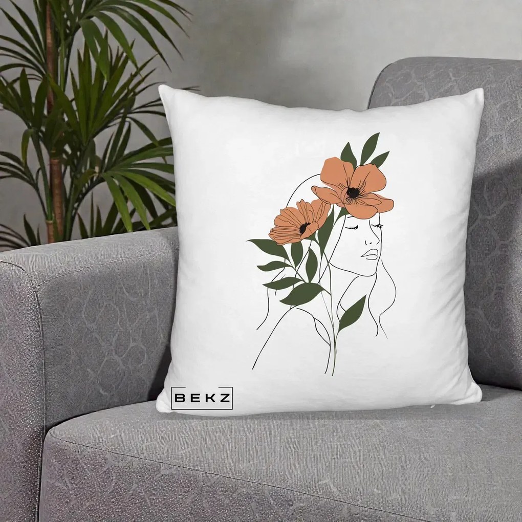 Perna Decorativa Portret Feminin Doua Maci Terracotta, 40x40 cm, Alb Pufos, Husa Detasabila, Perna Inclusa, BEKZ®